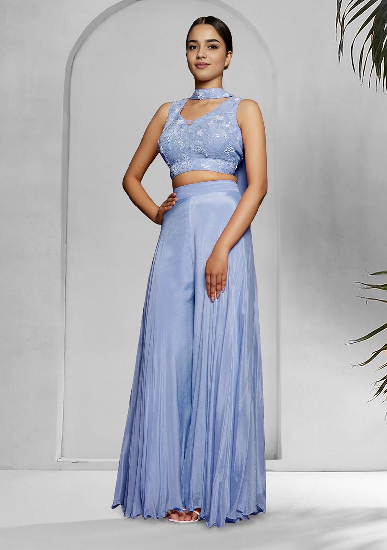Blue Palazzo Set With Hand Embroidered Blouse And Dupatta