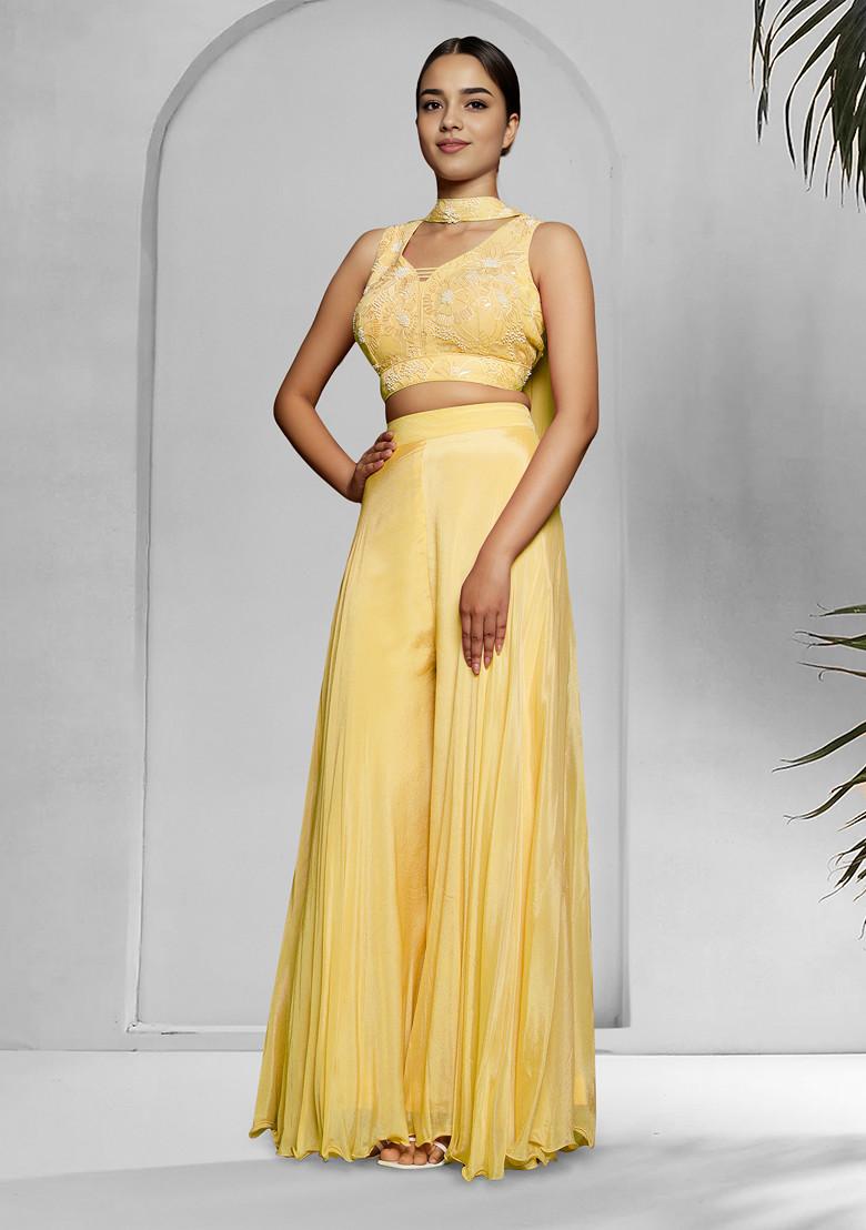 Yellow Palazzo Set With Hand Embroidered Blouse And Dupatta