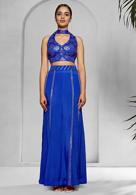 Blue Palazzo Set With Hand Embroidered Blouse And Dupatta
