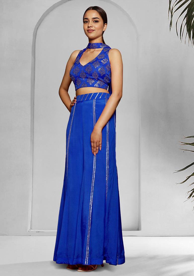 Blue Palazzo Set With Hand Embroidered Blouse And Dupatta