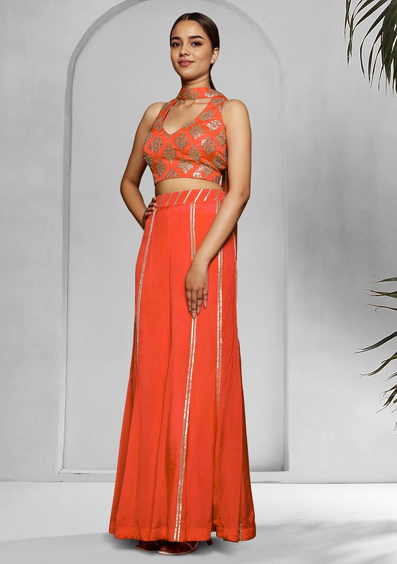 Orange Palazzo Set With Hand Embroidered Blouse And Dupatta