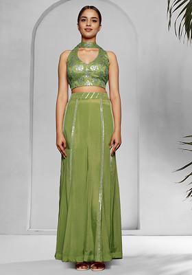 Green Palazzo Set With Hand Embroidered Blouse And Dupatta