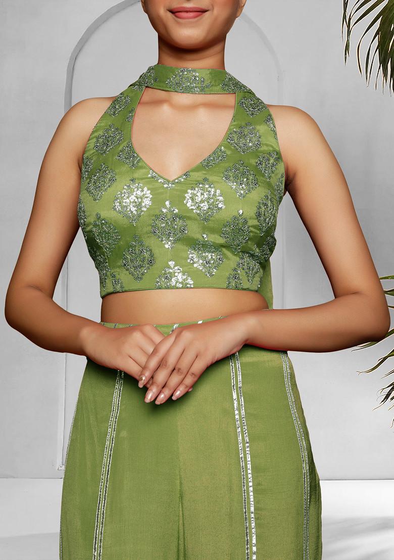 Green Palazzo Set With Hand Embroidered Blouse And Dupatta