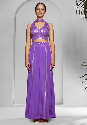 Purple Palazzo Set With Hand Embroidered Blouse And Dupatta