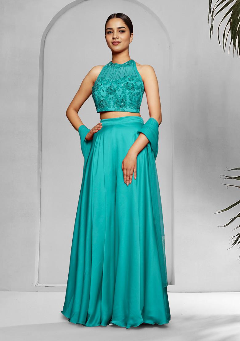 Green Palazzo Set With Hand Embroidered Blouse And Dupatta