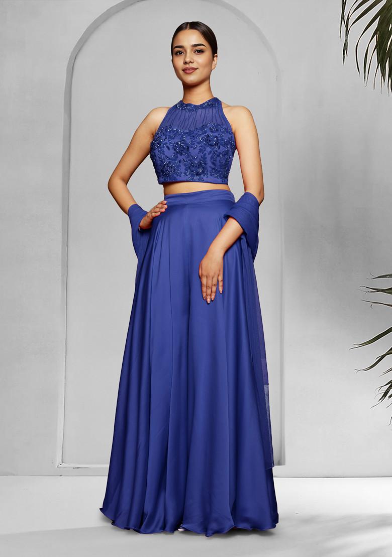 Blue Palazzo Set With Hand Embroidered Blouse And Dupatta