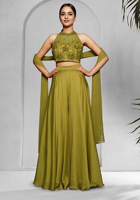 Olive Palazzo Set With Hand Embroidered Blouse And Dupatta