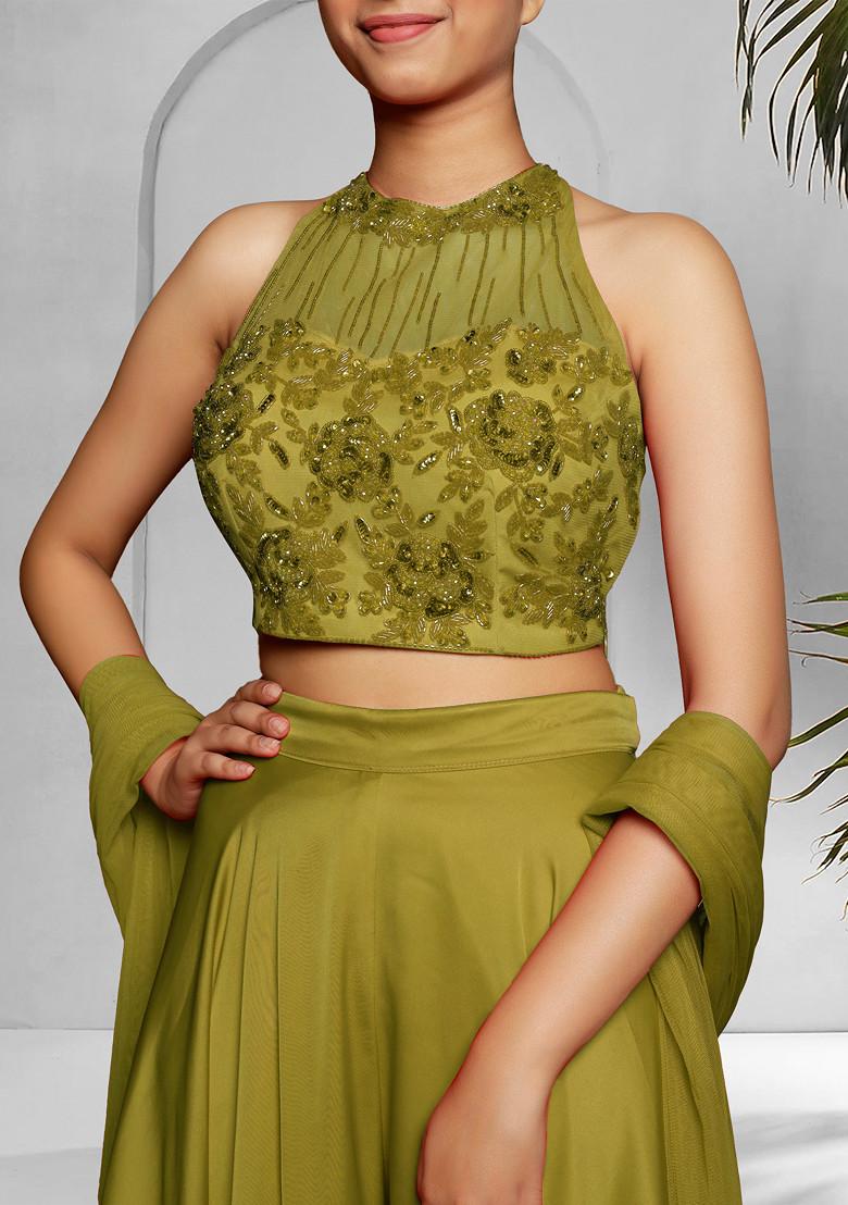 Olive Palazzo Set With Hand Embroidered Blouse And Dupatta