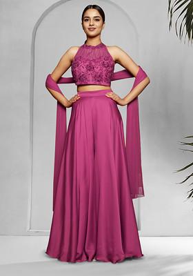 Pink Palazzo Set With Hand Embroidered Blouse And Dupatta