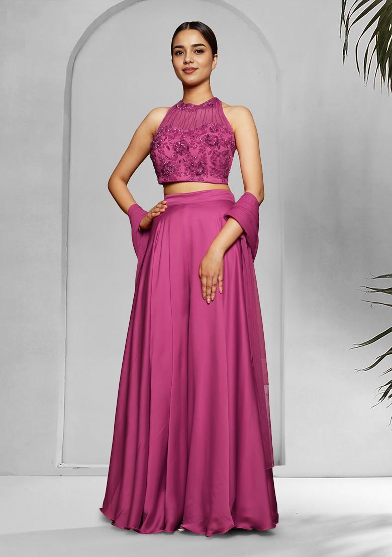 Pink Palazzo Set With Hand Embroidered Blouse And Dupatta