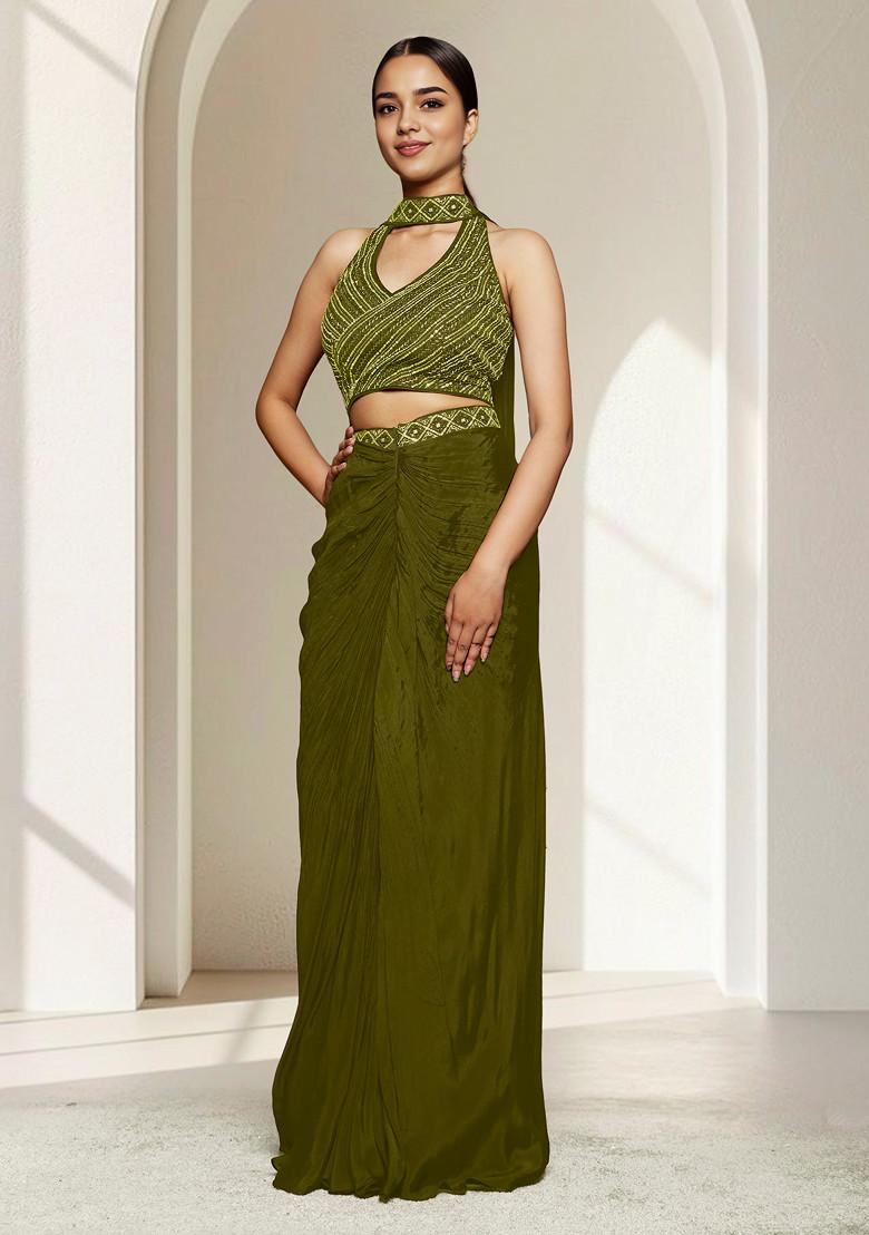 Olive Skirt Set With Hand Embroidered Blouse And Dupatta