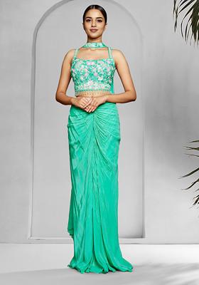 Green Skirt Set With Hand Embroidered Blouse And Dupatta