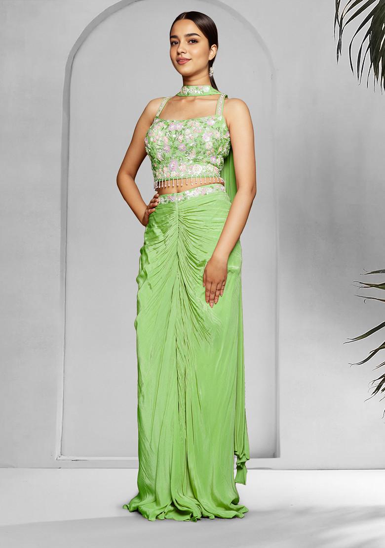 Green Skirt Set With Hand Embroidered Blouse And Dupatta