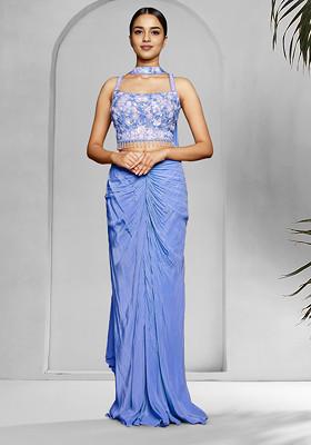 Blue Skirt Set With Hand Embroidered Blouse And Dupatta