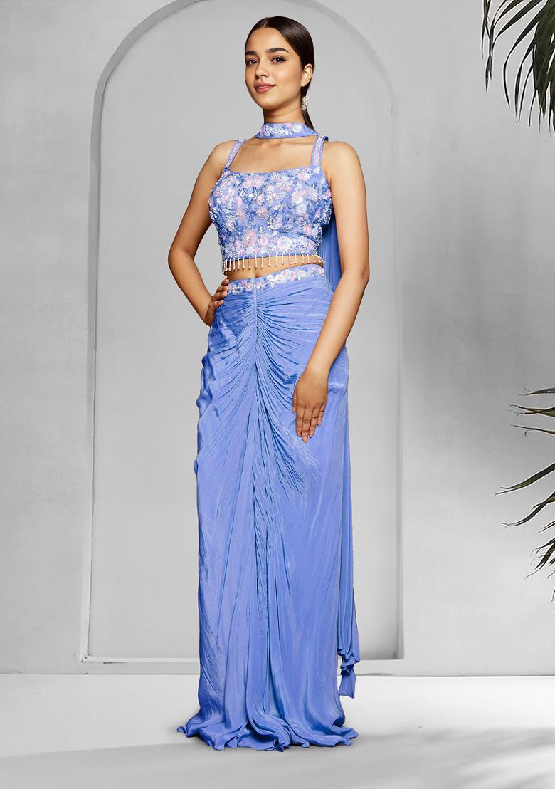 Blue Skirt Set With Hand Embroidered Blouse And Dupatta