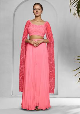 Pink Palazzo Set With Hand Embroidered Blouse