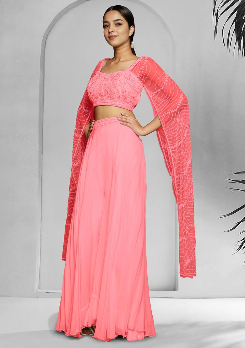 Pink Palazzo Set With Hand Embroidered Blouse