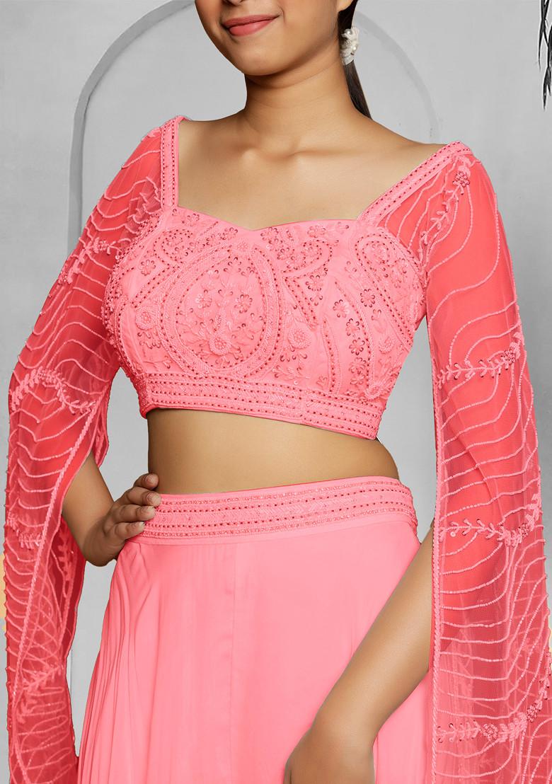 Pink Palazzo Set With Hand Embroidered Blouse