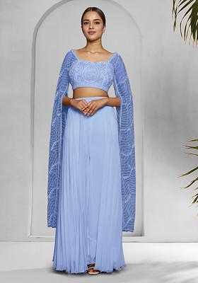 Blue Palazzo Set With Hand Embroidered Blouse