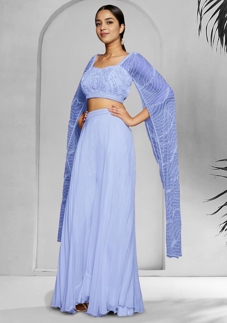 Blue Palazzo Set With Hand Embroidered Blouse