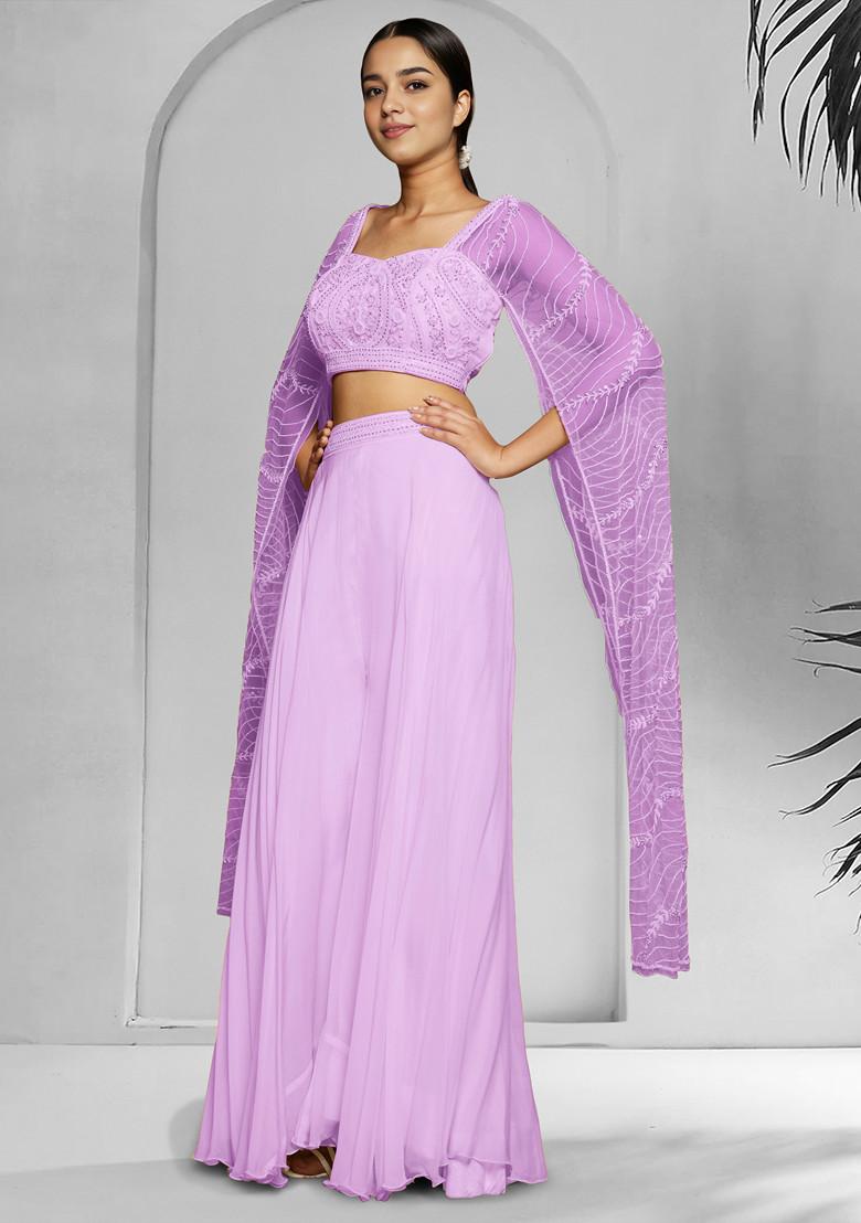 Purple Palazzo Set With Hand Embroidered Blouse