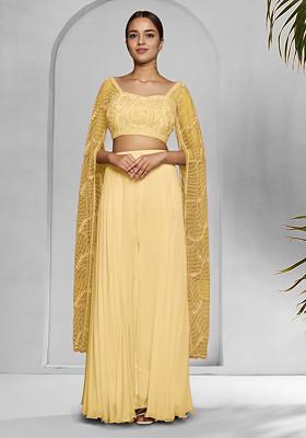 Yellow Palazzo Set With Hand Embroidered Blouse