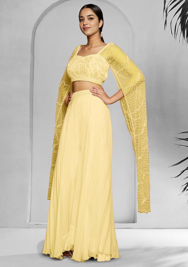 Yellow Palazzo Set With Hand Embroidered Blouse