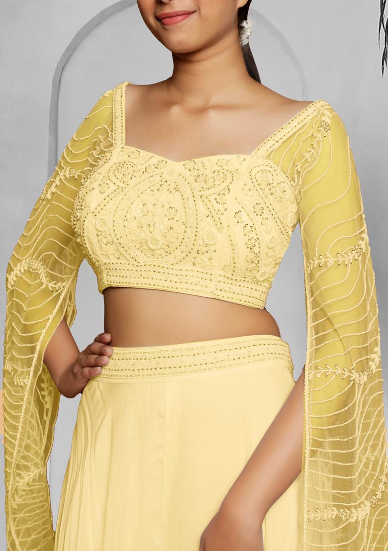 Yellow Palazzo Set With Hand Embroidered Blouse