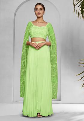 Green Palazzo Set With Hand Embroidered Blouse