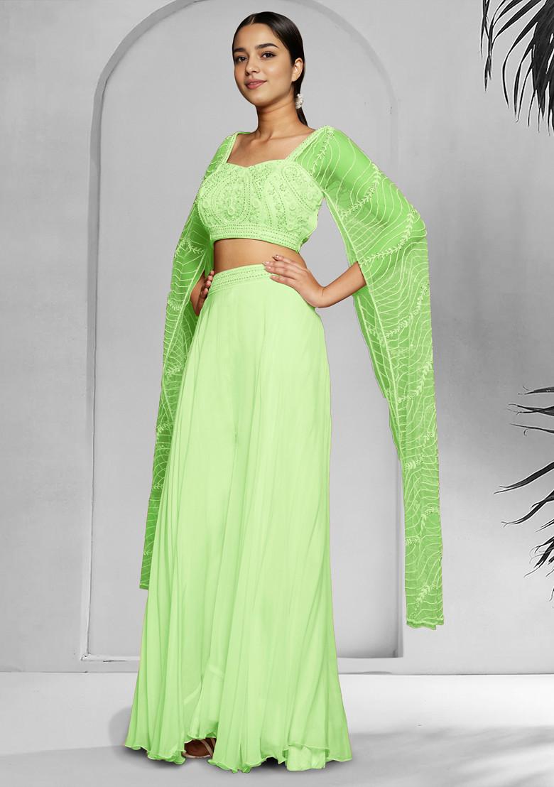 Green Palazzo Set With Hand Embroidered Blouse