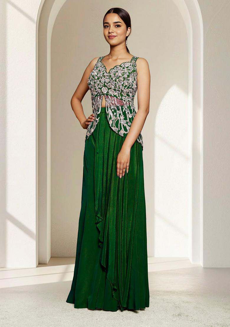 Green Skirt Set With Hand Embroidered Blouse