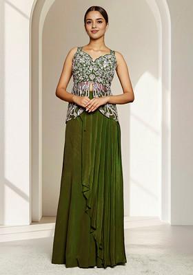 Olive Skirt Set With Hand Embroidered Blouse