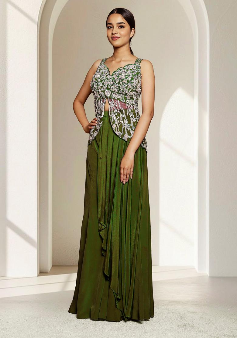 Olive Skirt Set With Hand Embroidered Blouse