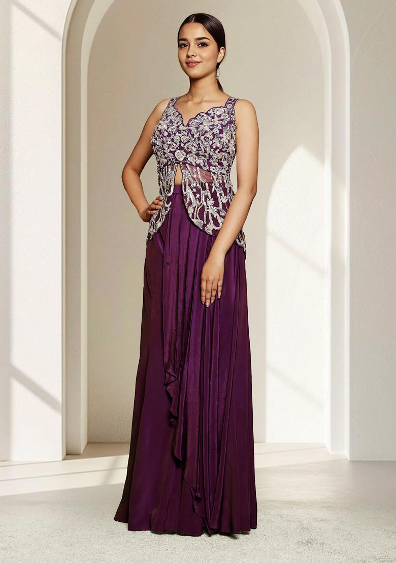 Purple Skirt Set With Hand Embroidered Blouse