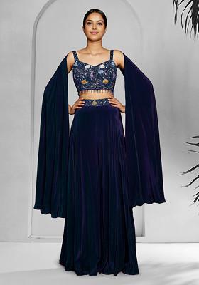 Blue Skirt Set With Hand Embroidered Blouse And Dupatta