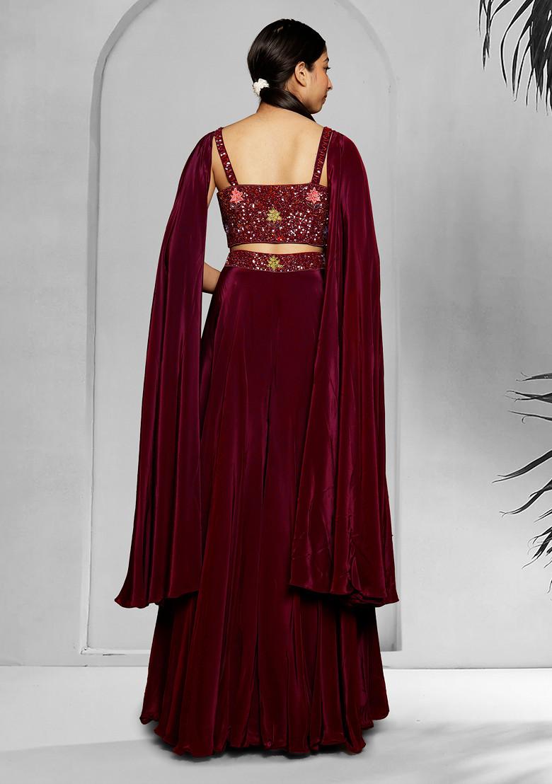 Maroon Skirt Set With Hand Embroidered Blouse And Dupatta