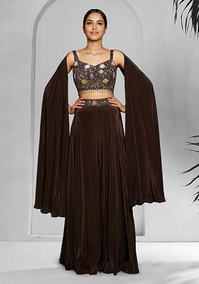 Brown Skirt Set With Hand Embroidered Blouse And Dupatta