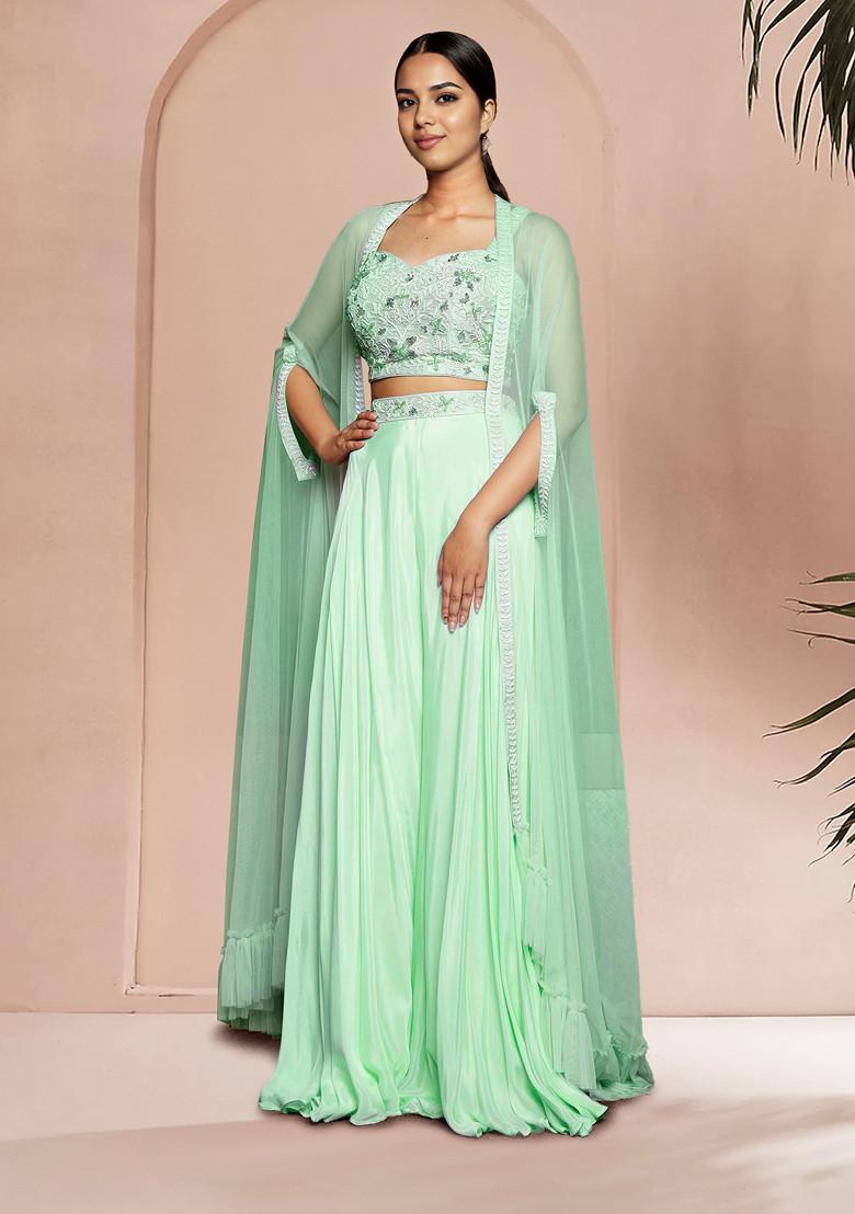 Green Jacket Set With Hand Embroidered Blouse And Palazzo