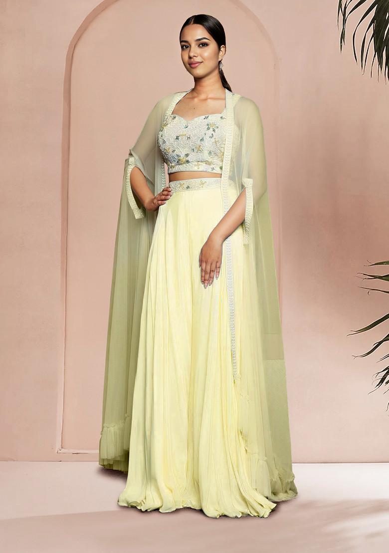 Yellow Jacket Set With Hand Embroidered Blouse And Palazzo