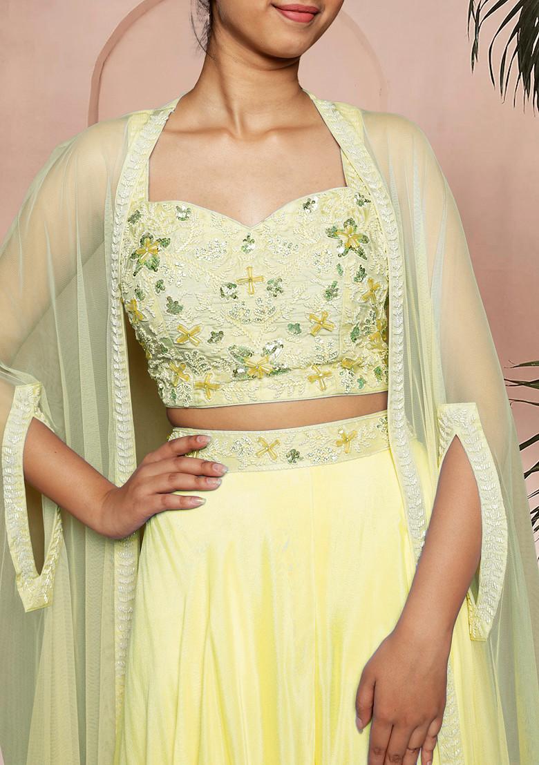 Yellow Jacket Set With Hand Embroidered Blouse And Palazzo