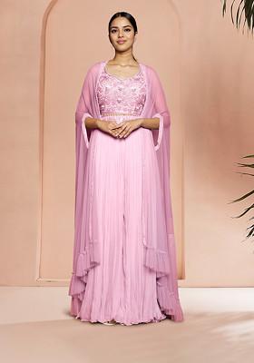 Pink Jacket Set With Hand Embroidered Blouse And Palazzo