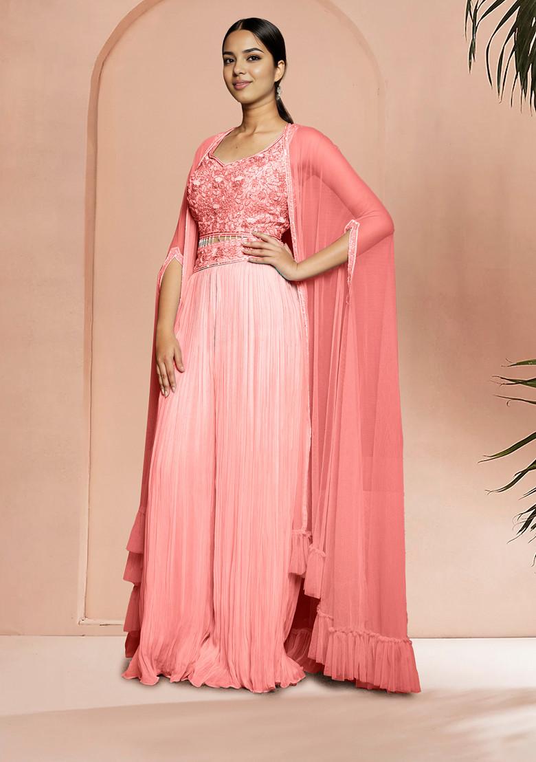 Peach Jacket Set With Hand Embroidered Blouse And Palazzo