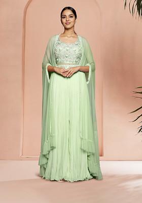 Green Jacket Set With Hand Embroidered Blouse And Palazzo