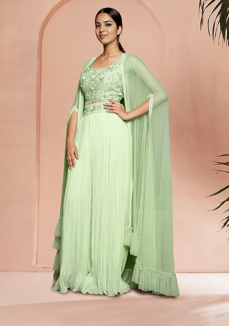 Green Jacket Set With Hand Embroidered Blouse And Palazzo