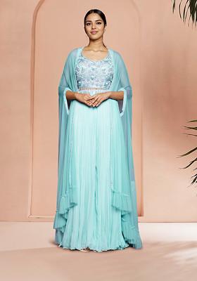 Blue Jacket Set With Hand Embroidered Blouse And Palazzo