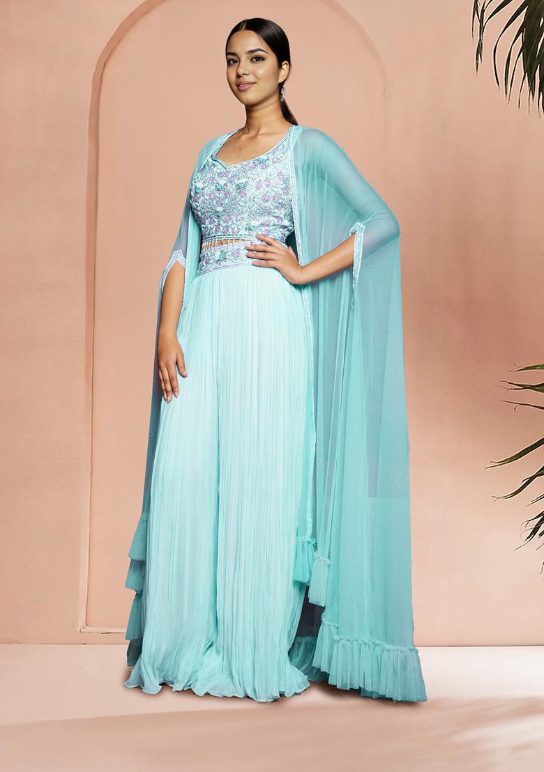 Blue Jacket Set With Hand Embroidered Blouse And Palazzo