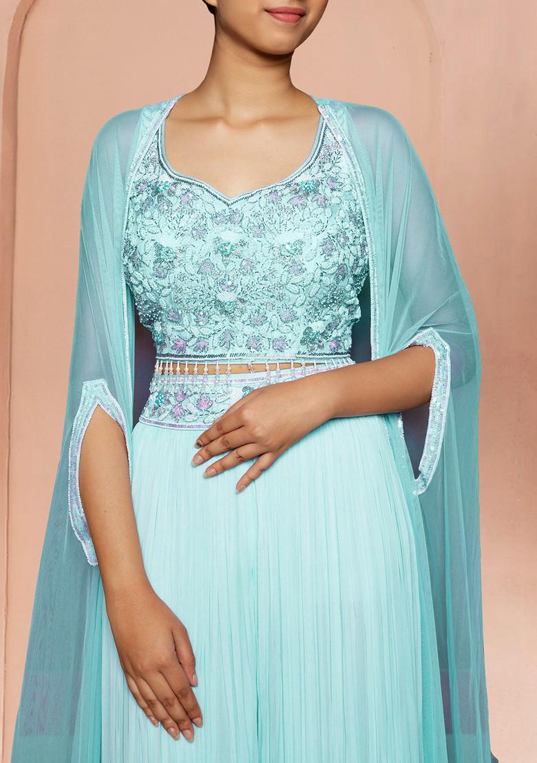 Blue Jacket Set With Hand Embroidered Blouse And Palazzo