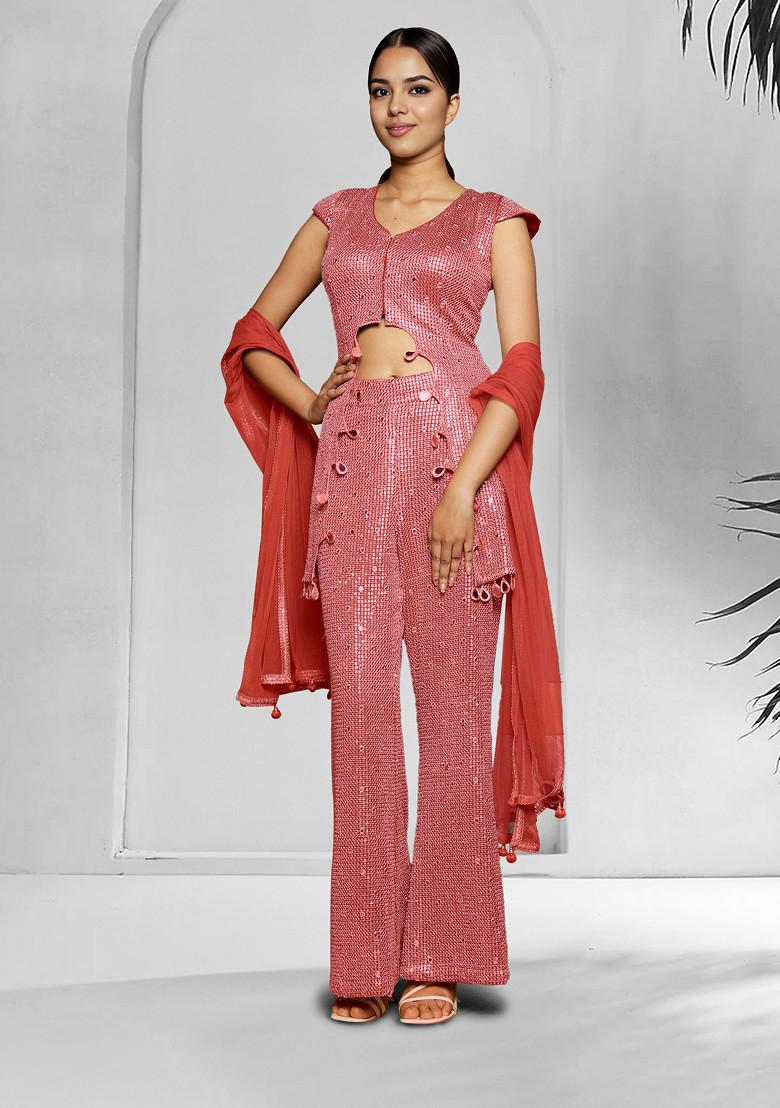 Coral Pink Palazzo Set With Hand Embroidered Blouse And Dupatta