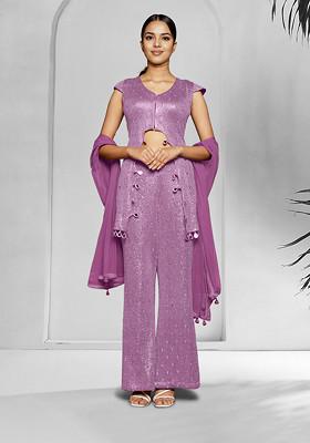 Purple Palazzo Set With Hand Embroidered Blouse And Dupatta