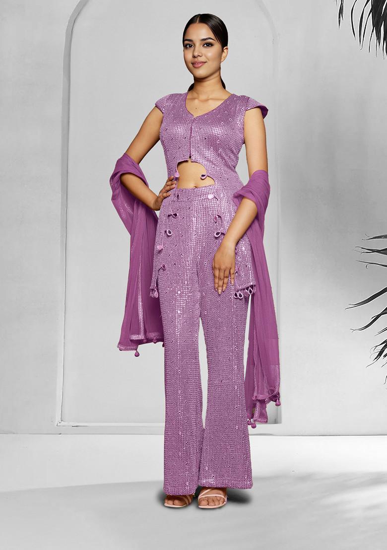 Purple Palazzo Set With Hand Embroidered Blouse And Dupatta